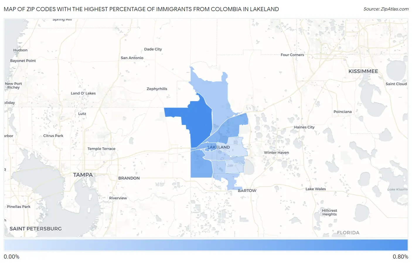 Zip Codes with the Highest Percentage of Immigrants from Colombia in Lakeland Map