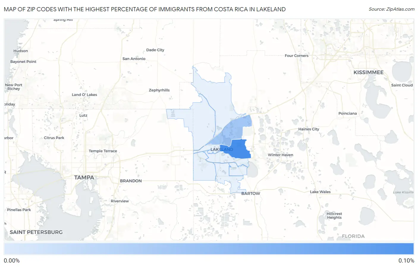 Zip Codes with the Highest Percentage of Immigrants from Costa Rica in Lakeland Map