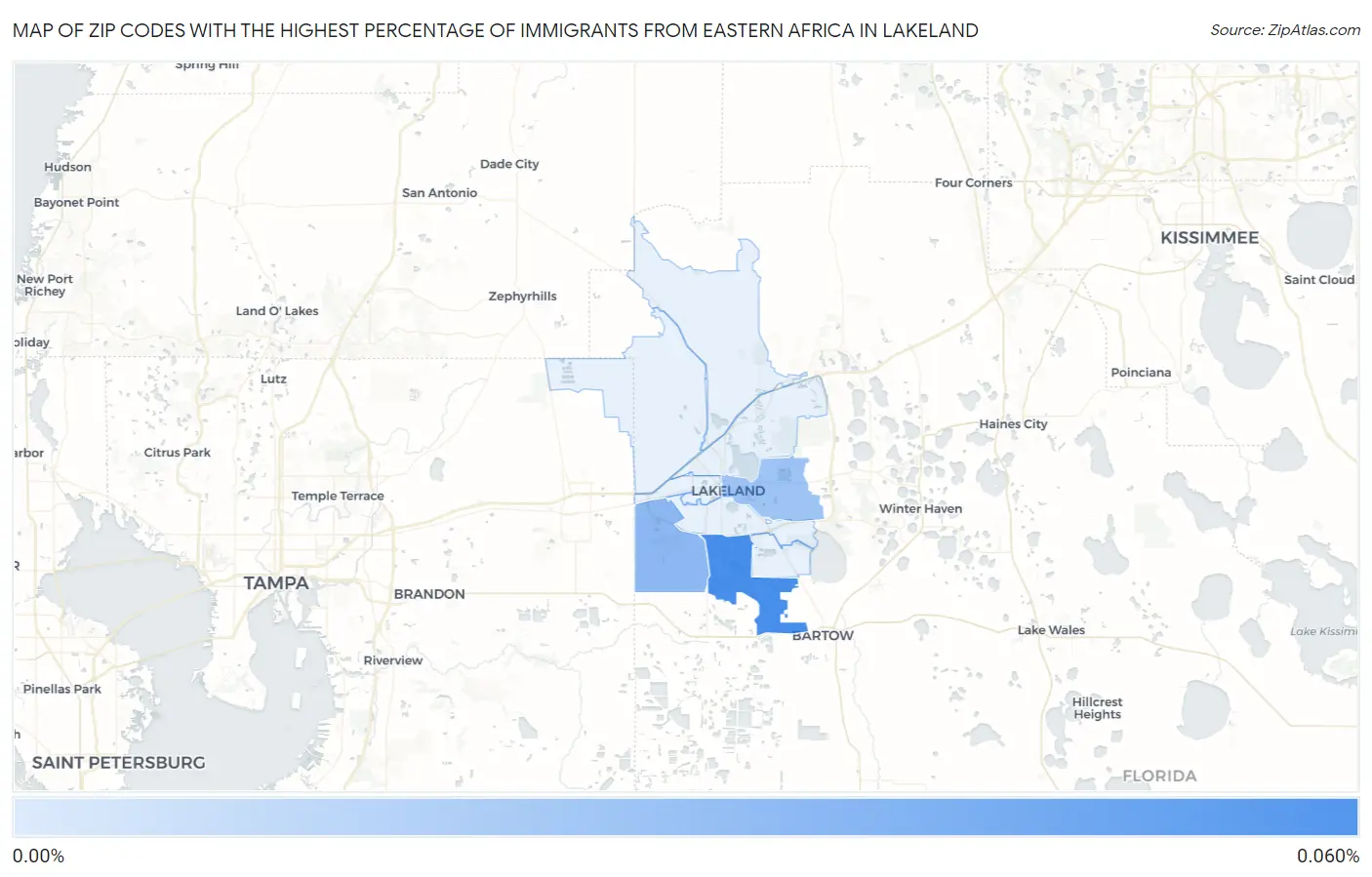 Zip Codes with the Highest Percentage of Immigrants from Eastern Africa in Lakeland Map