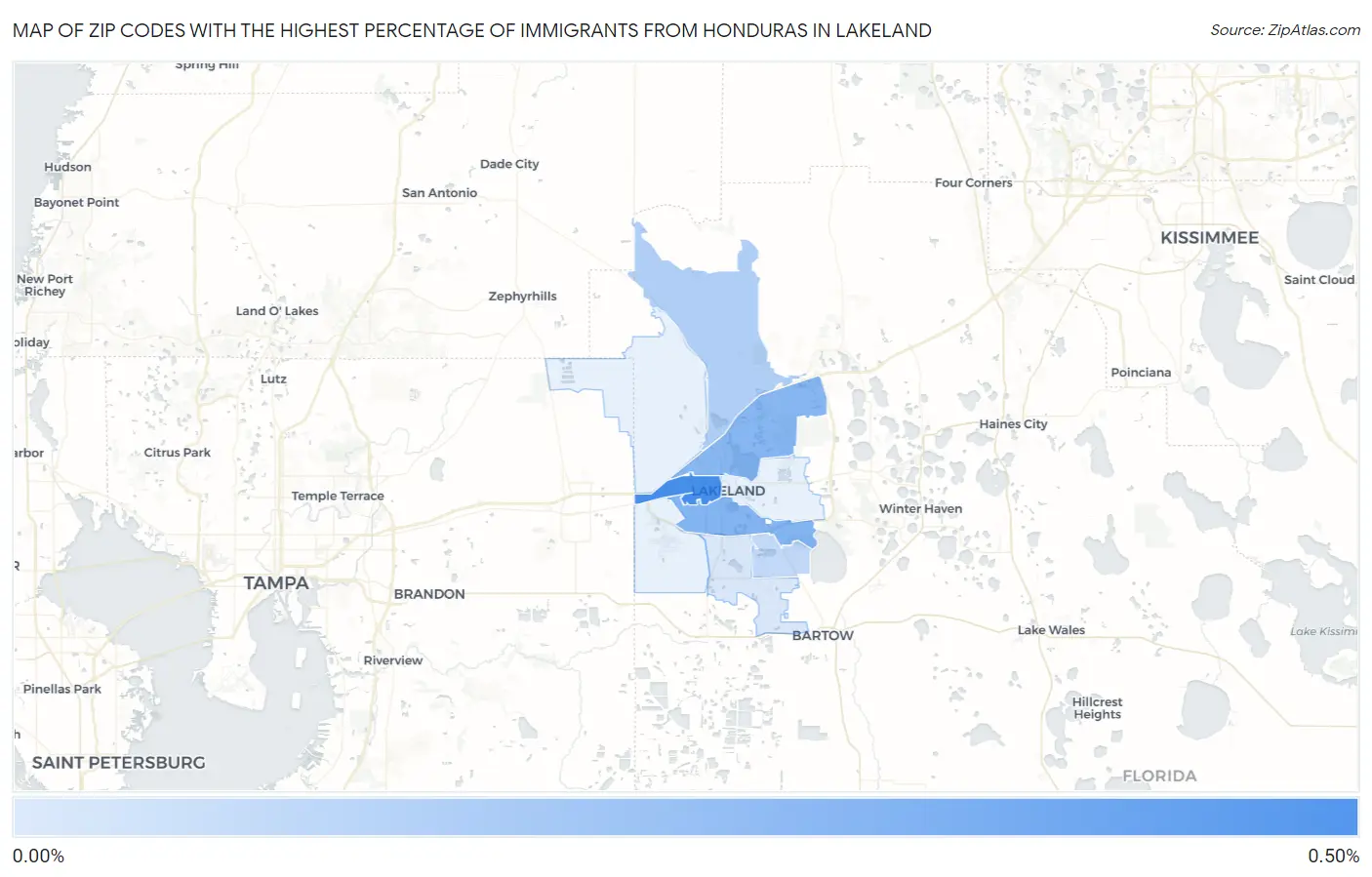Zip Codes with the Highest Percentage of Immigrants from Honduras in Lakeland Map