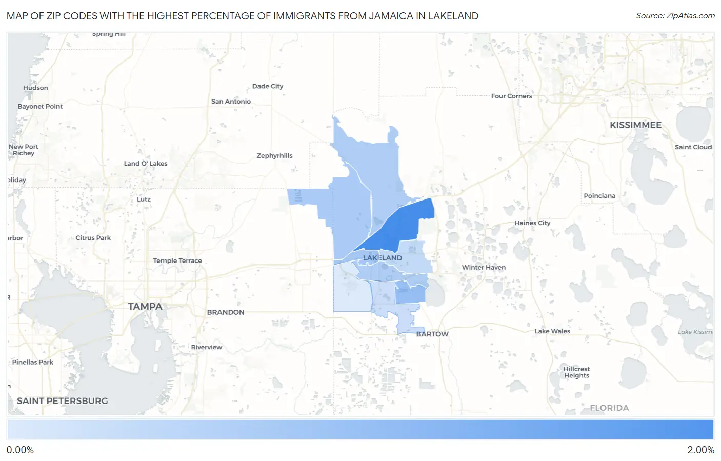 Zip Codes with the Highest Percentage of Immigrants from Jamaica in Lakeland Map