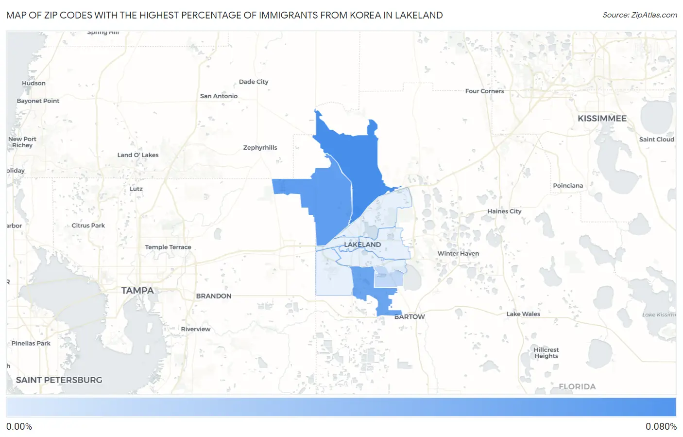 Zip Codes with the Highest Percentage of Immigrants from Korea in Lakeland Map
