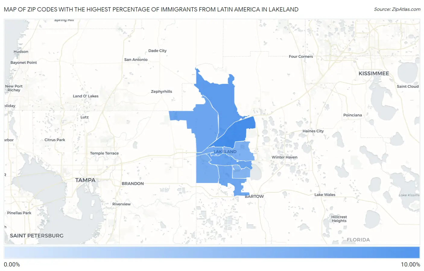 Zip Codes with the Highest Percentage of Immigrants from Latin America in Lakeland Map