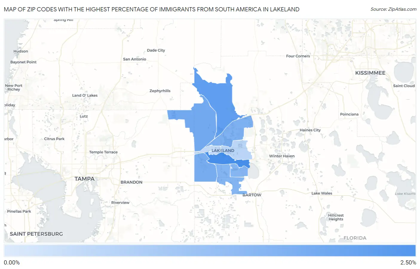 Zip Codes with the Highest Percentage of Immigrants from South America in Lakeland Map