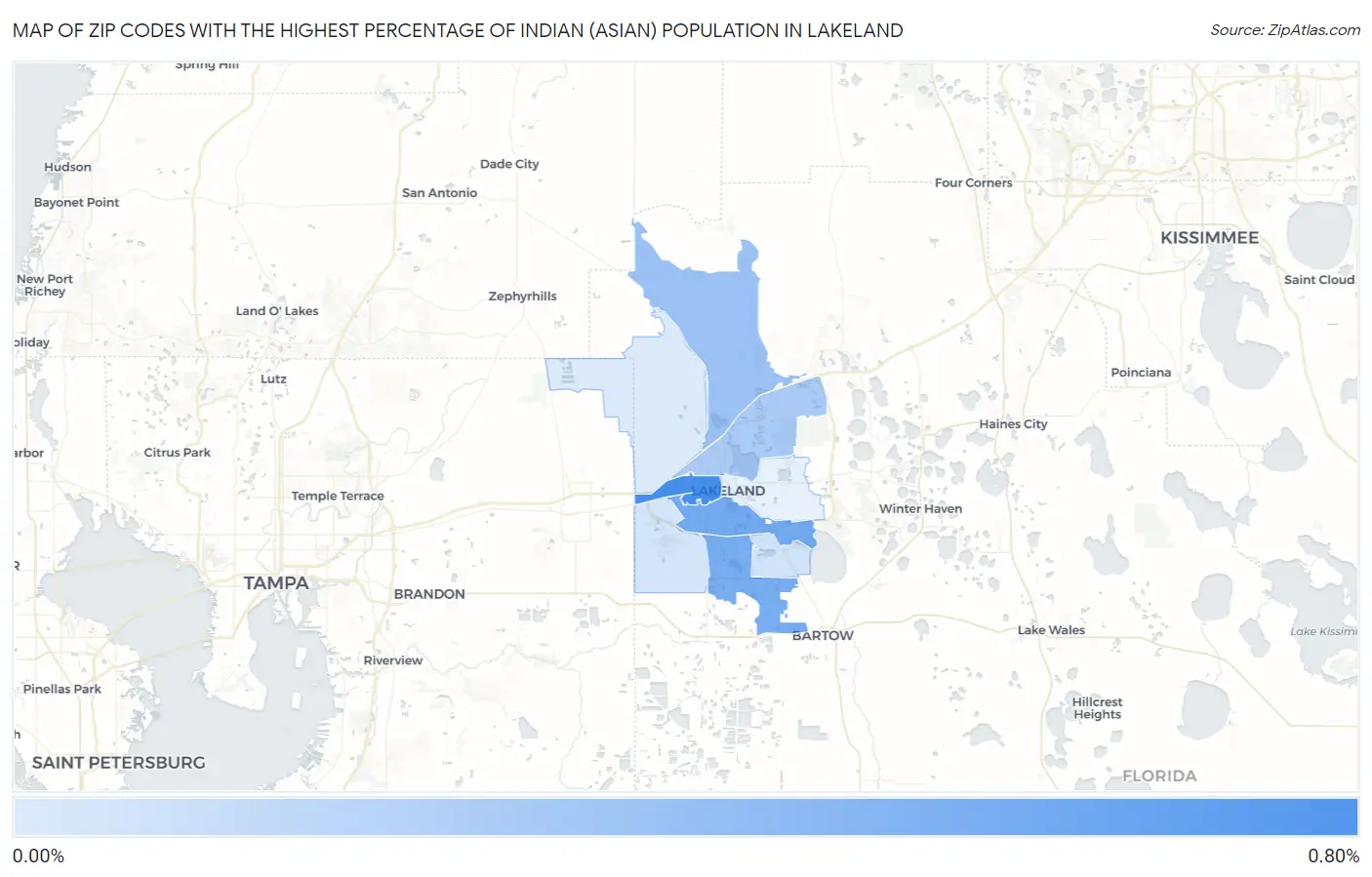 Zip Codes with the Highest Percentage of Indian (Asian) Population in Lakeland Map