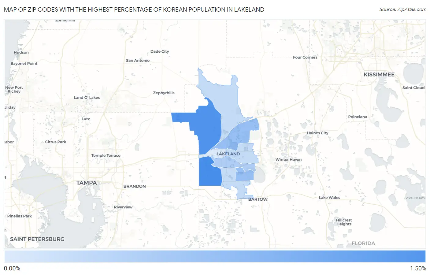 Zip Codes with the Highest Percentage of Korean Population in Lakeland Map