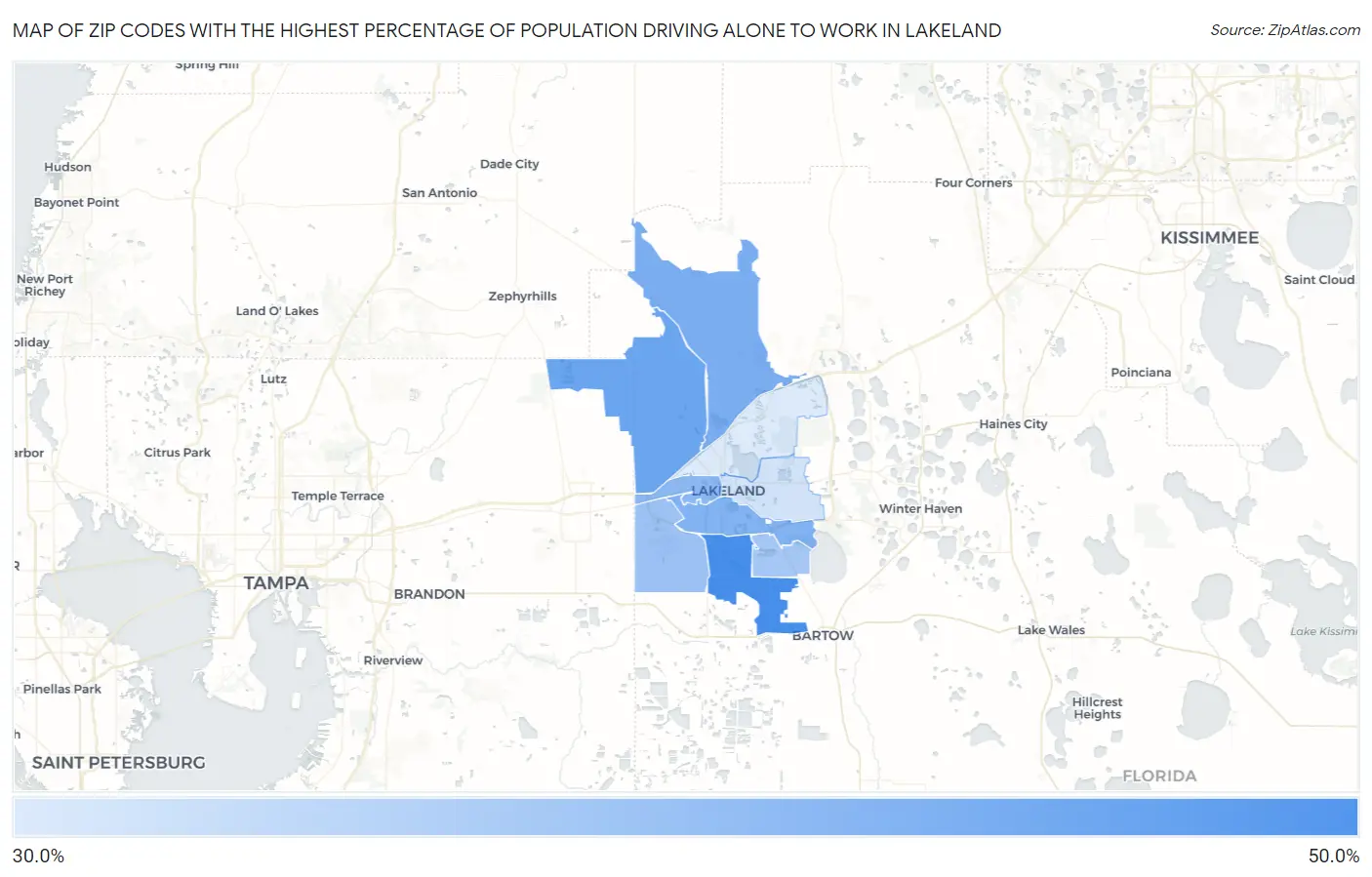 Zip Codes with the Highest Percentage of Population Driving Alone to Work in Lakeland Map