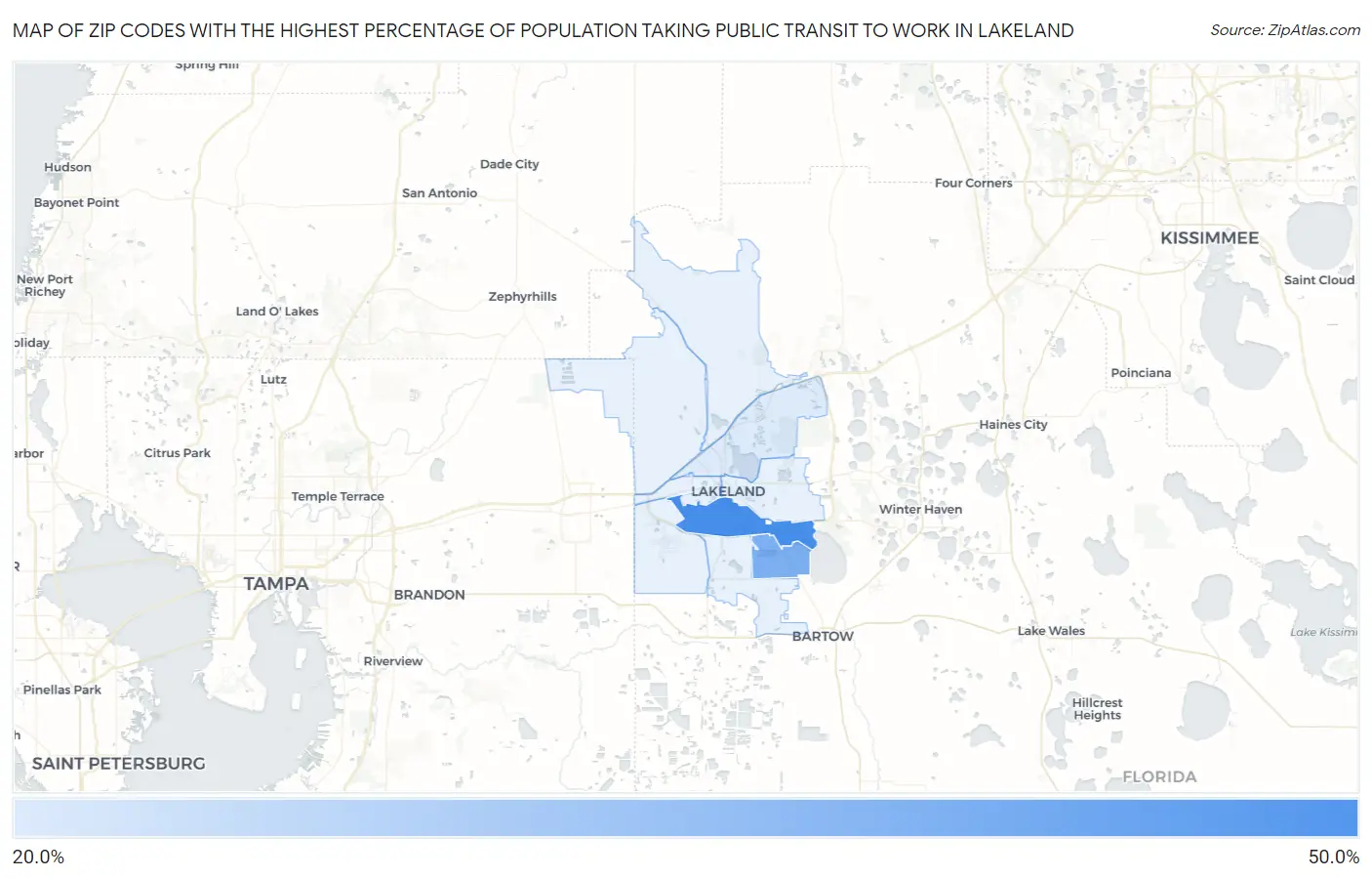 Zip Codes with the Highest Percentage of Population Taking Public Transit to Work in Lakeland Map