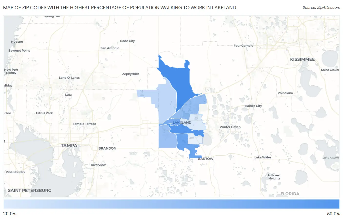 Zip Codes with the Highest Percentage of Population Walking to Work in Lakeland Map