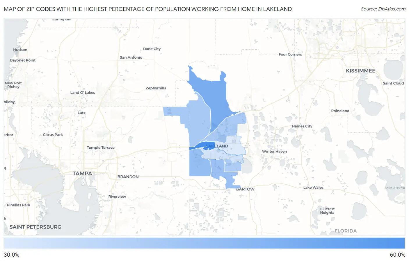 Zip Codes with the Highest Percentage of Population Working from Home in Lakeland Map