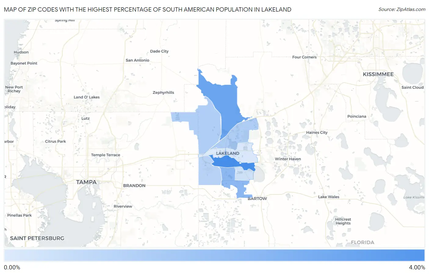 Zip Codes with the Highest Percentage of South American Population in Lakeland Map