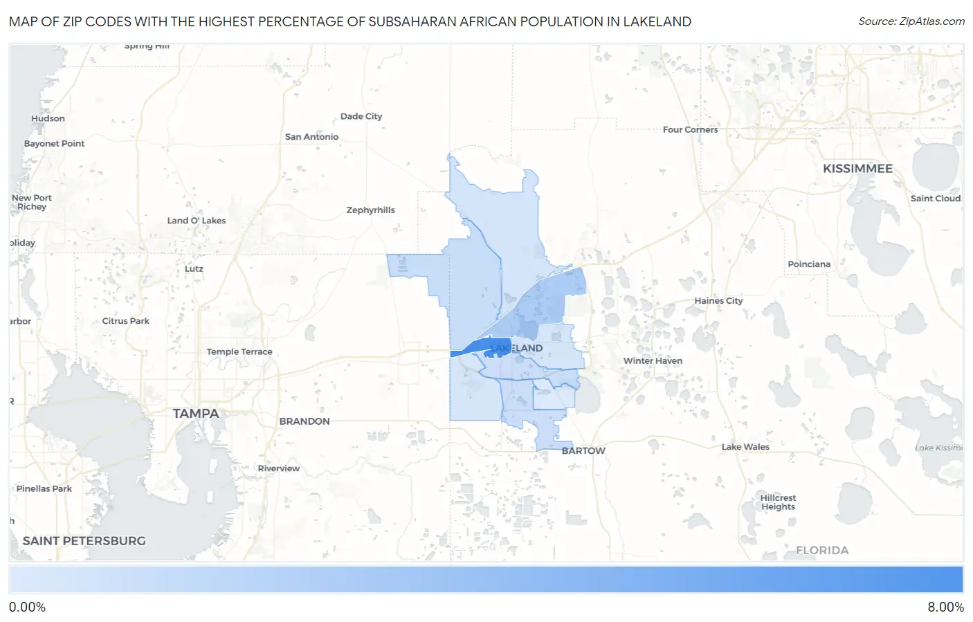 Zip Codes with the Highest Percentage of Subsaharan African Population in Lakeland Map
