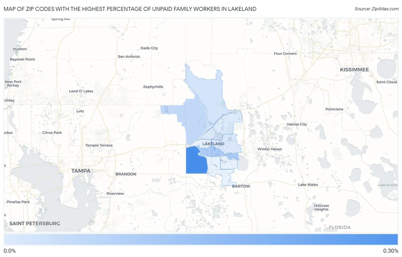 Zip Codes with the Highest Percentage of Unpaid Family Workers in Lakeland Map