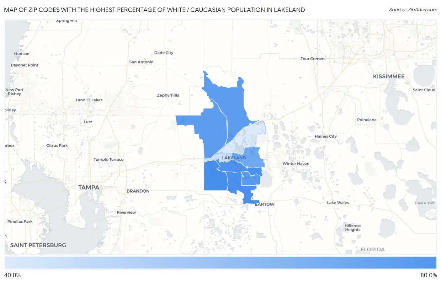 Zip Codes with the Highest Percentage of White / Caucasian Population in Lakeland Map