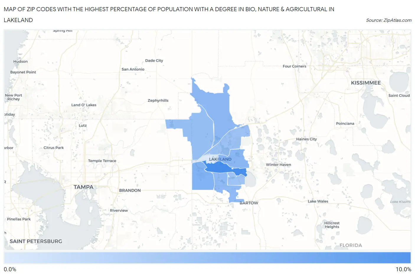 Zip Codes with the Highest Percentage of Population with a Degree in Bio, Nature & Agricultural in Lakeland Map