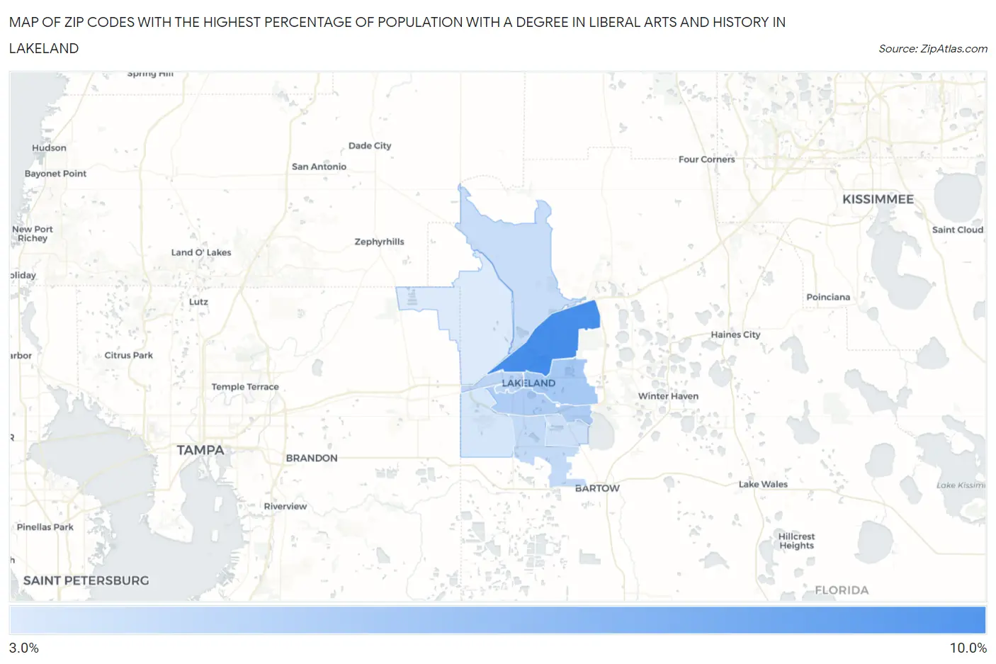 Zip Codes with the Highest Percentage of Population with a Degree in Liberal Arts and History in Lakeland Map