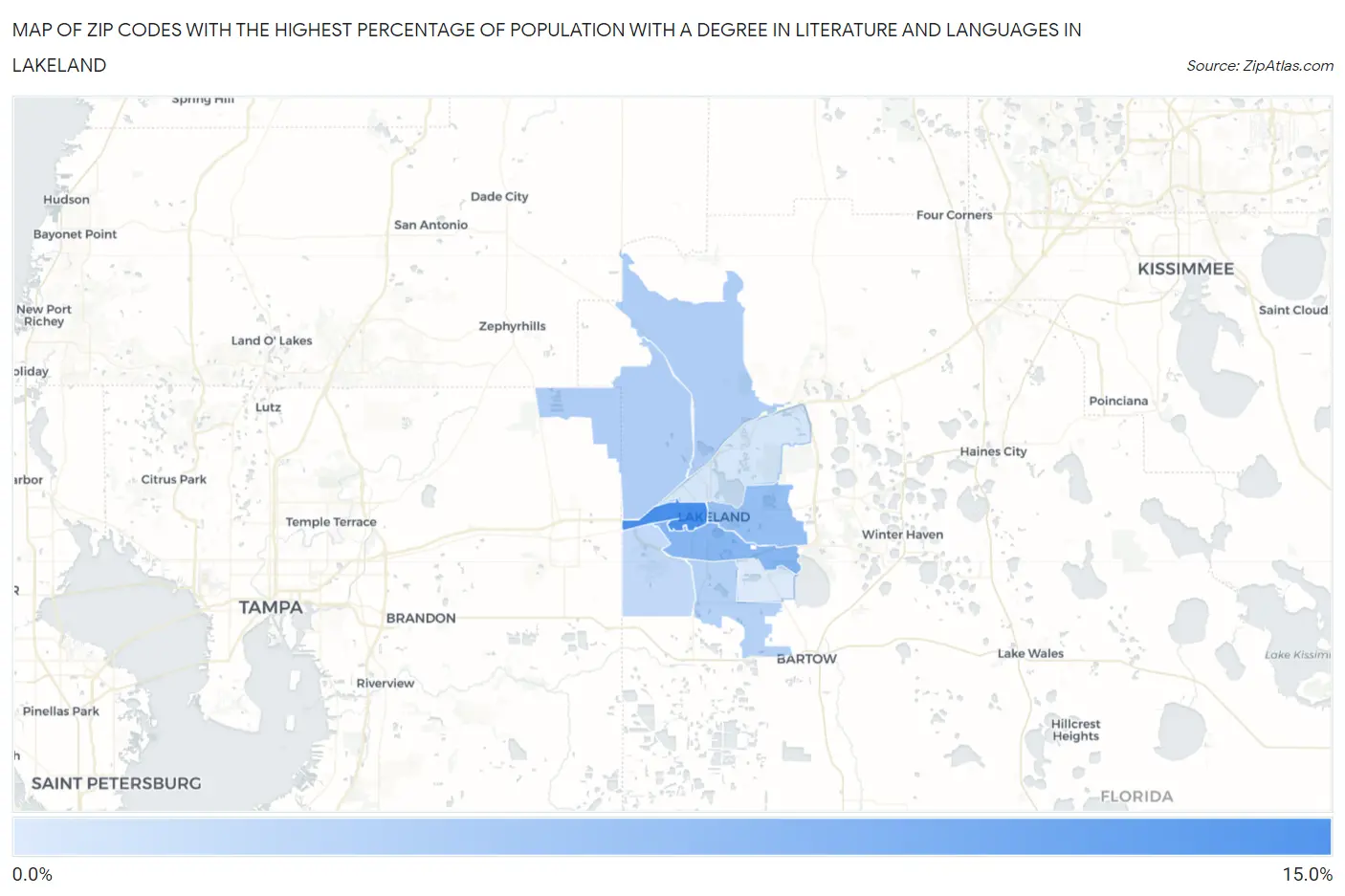 Zip Codes with the Highest Percentage of Population with a Degree in Literature and Languages in Lakeland Map