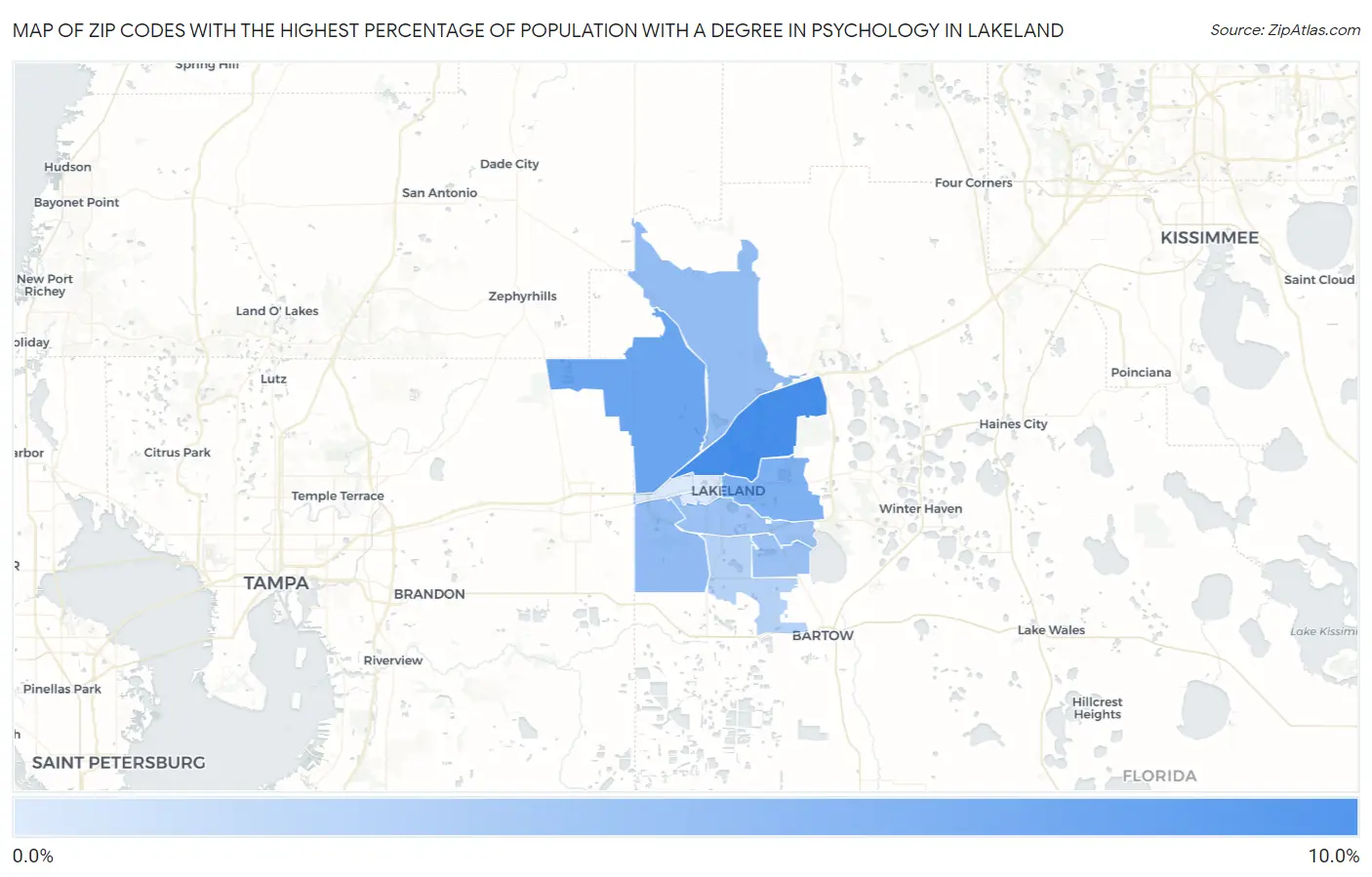 Zip Codes with the Highest Percentage of Population with a Degree in Psychology in Lakeland Map