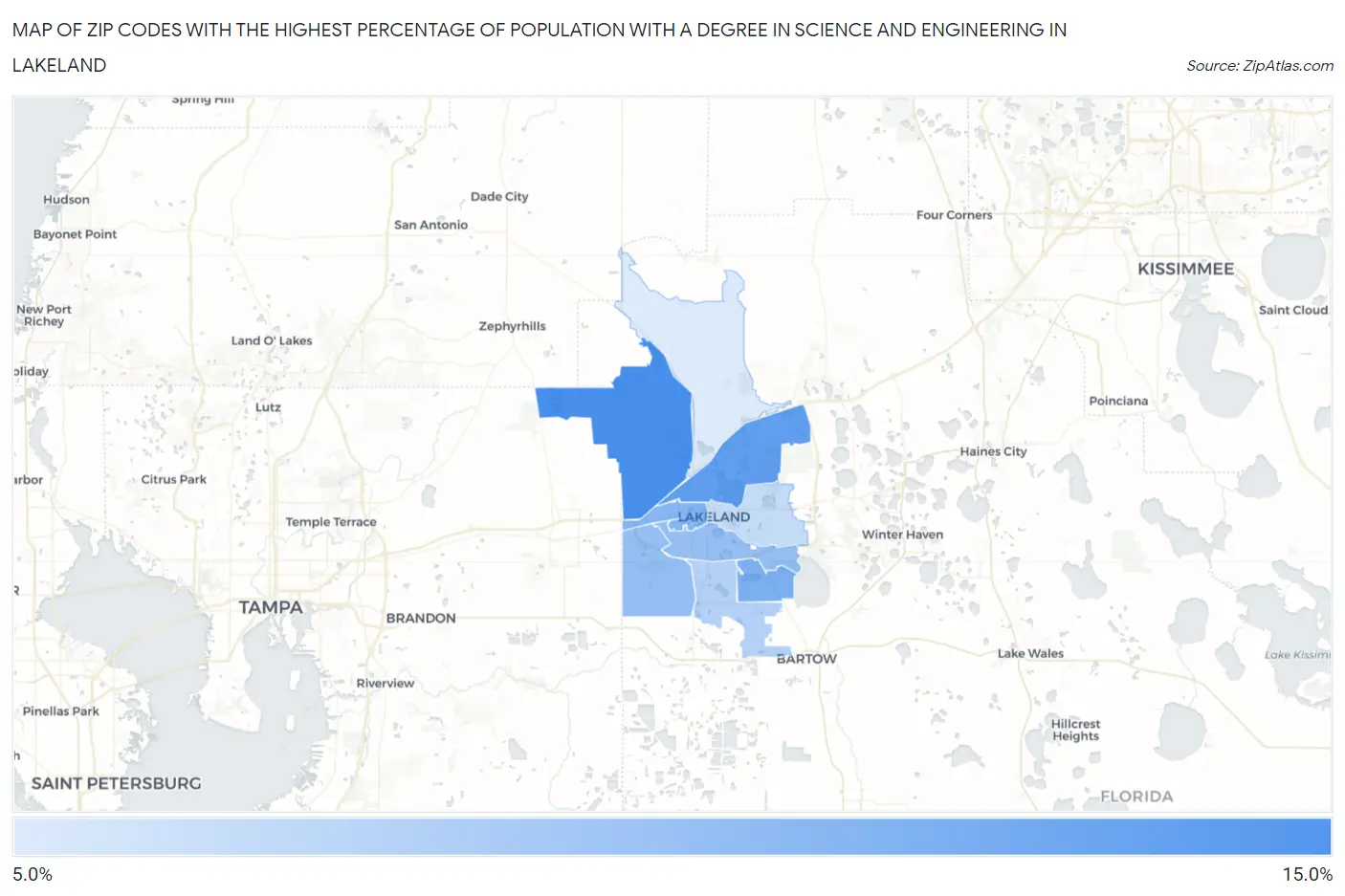 Zip Codes with the Highest Percentage of Population with a Degree in Science and Engineering in Lakeland Map