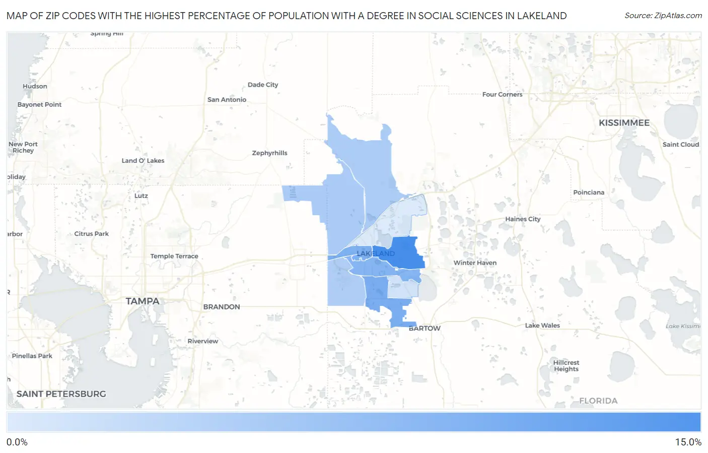 Zip Codes with the Highest Percentage of Population with a Degree in Social Sciences in Lakeland Map