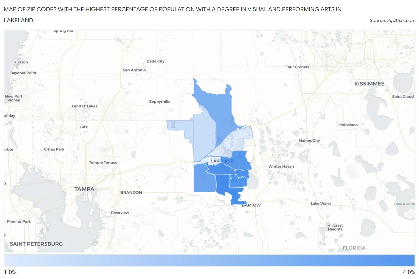 Zip Codes with the Highest Percentage of Population with a Degree in Visual and Performing Arts in Lakeland Map