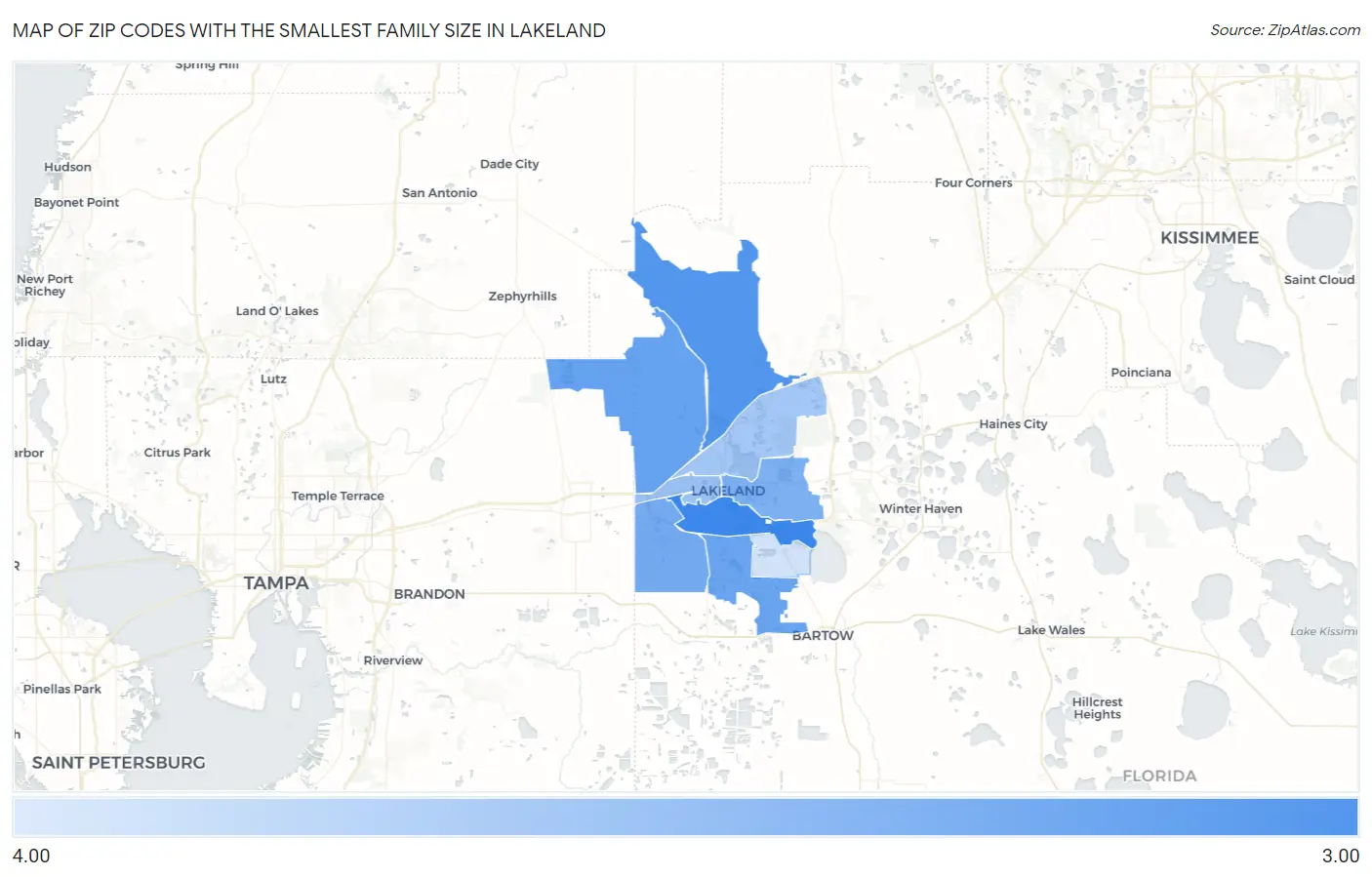 Zip Codes with the Smallest Family Size in Lakeland Map