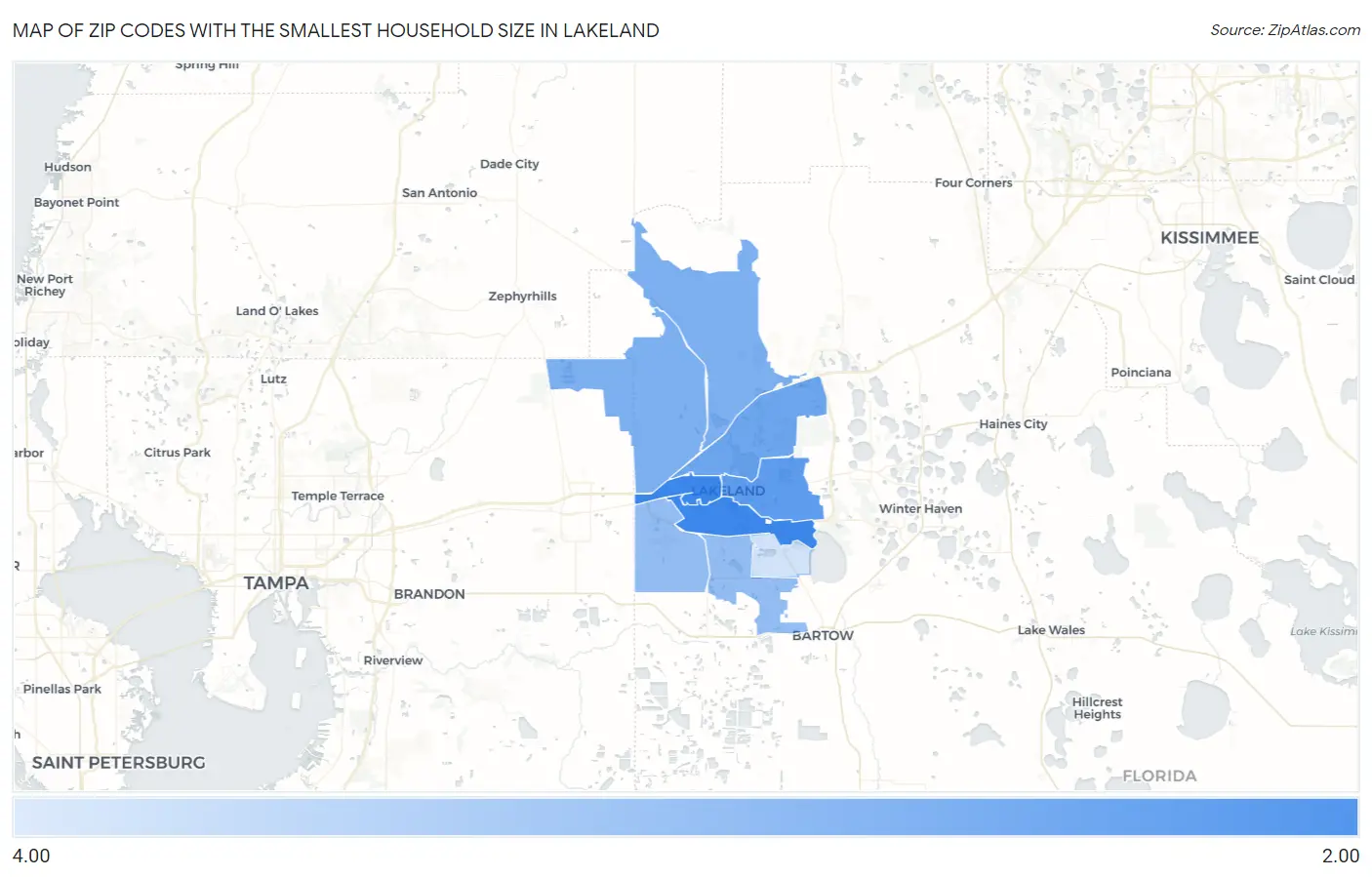 Zip Codes with the Smallest Household Size in Lakeland Map