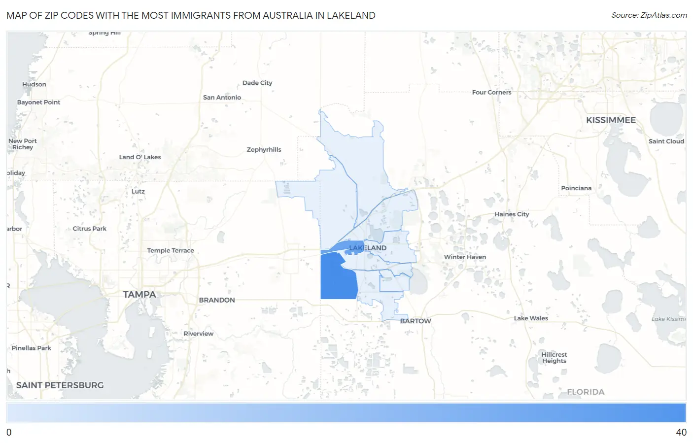 Zip Codes with the Most Immigrants from Australia in Lakeland Map