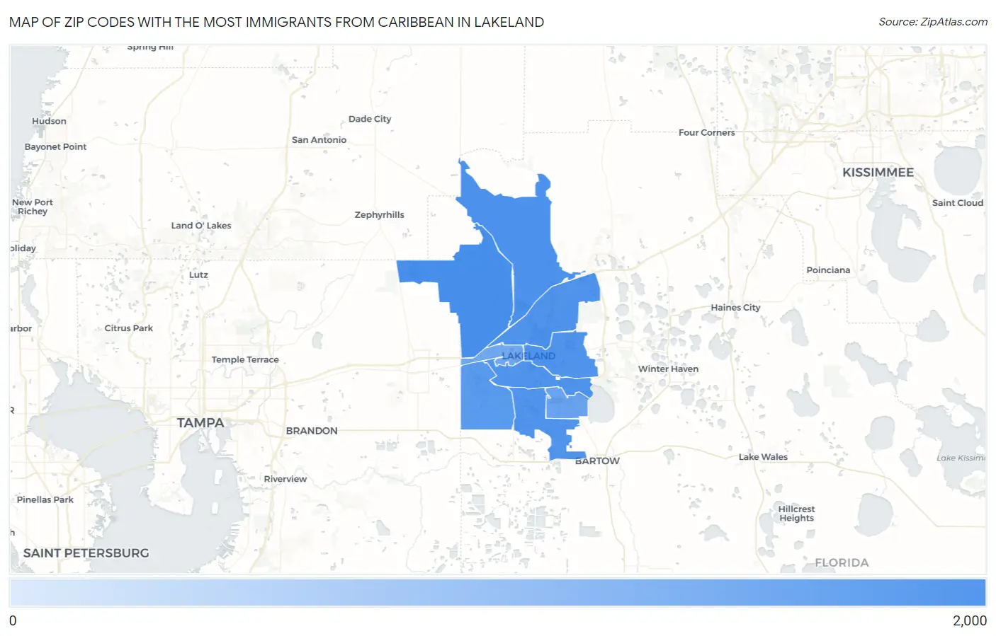 Zip Codes with the Most Immigrants from Caribbean in Lakeland Map