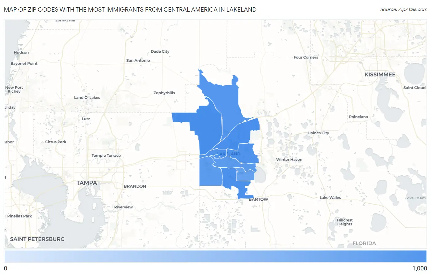 Zip Codes with the Most Immigrants from Central America in Lakeland Map