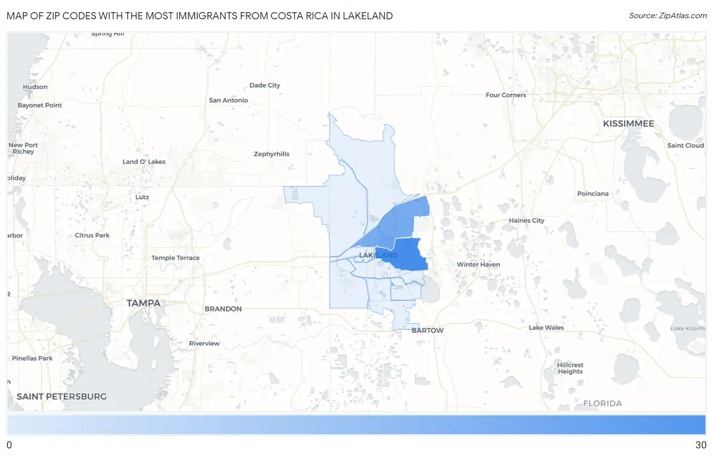 Zip Codes with the Most Immigrants from Costa Rica in Lakeland Map