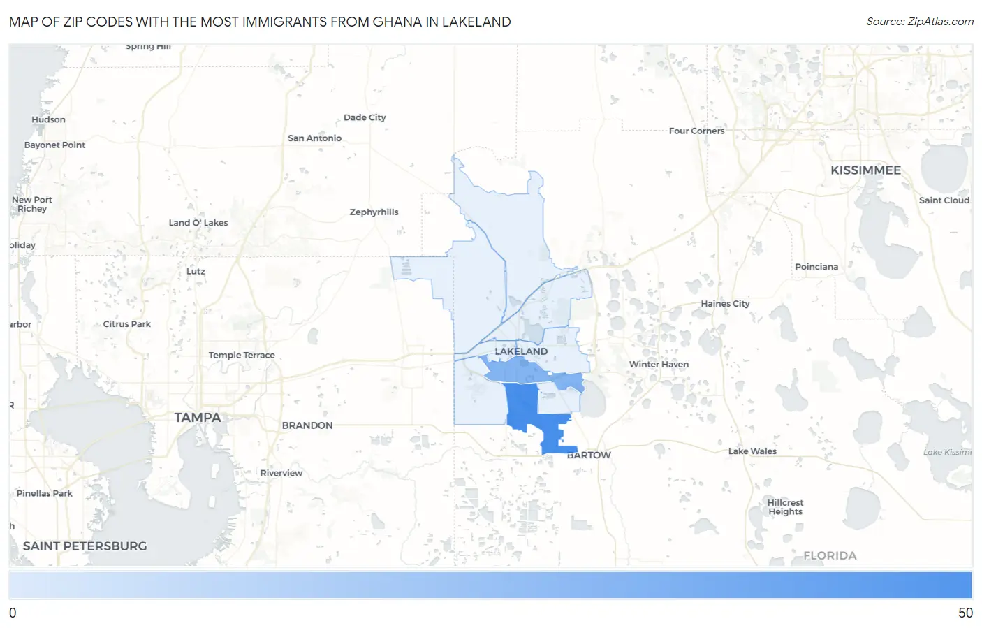 Zip Codes with the Most Immigrants from Ghana in Lakeland Map