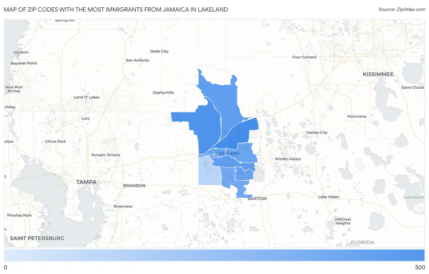 Zip Codes with the Most Immigrants from Jamaica in Lakeland Map