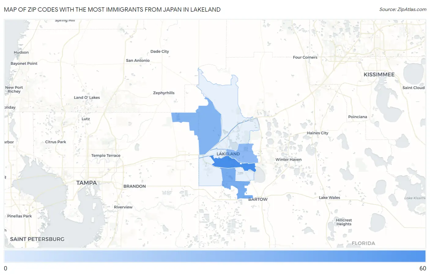 Zip Codes with the Most Immigrants from Japan in Lakeland Map