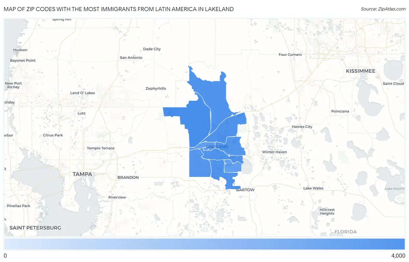 Zip Codes with the Most Immigrants from Latin America in Lakeland Map