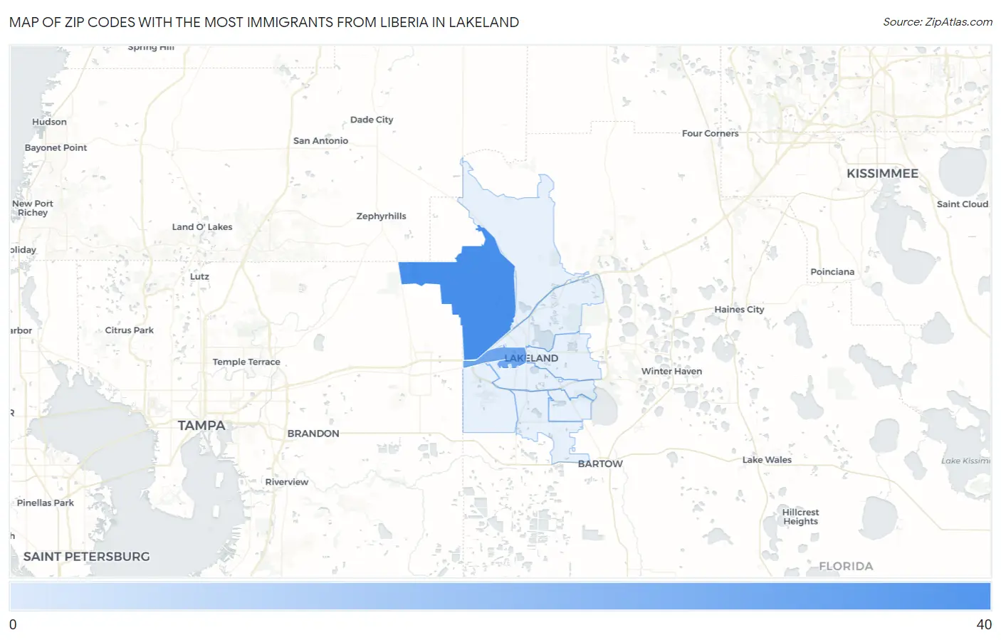 Zip Codes with the Most Immigrants from Liberia in Lakeland Map