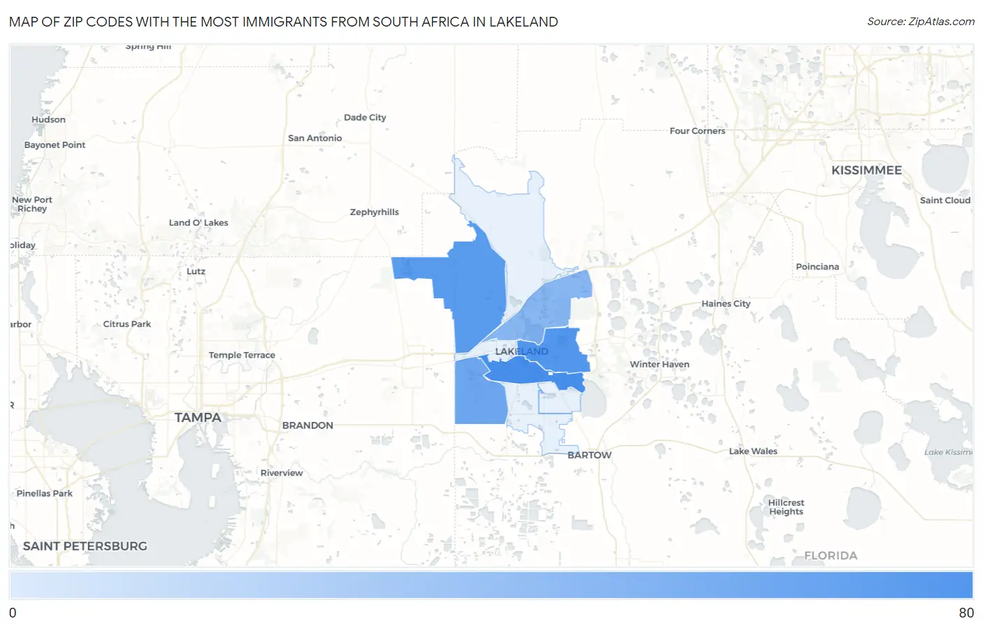Zip Codes with the Most Immigrants from South Africa in Lakeland Map