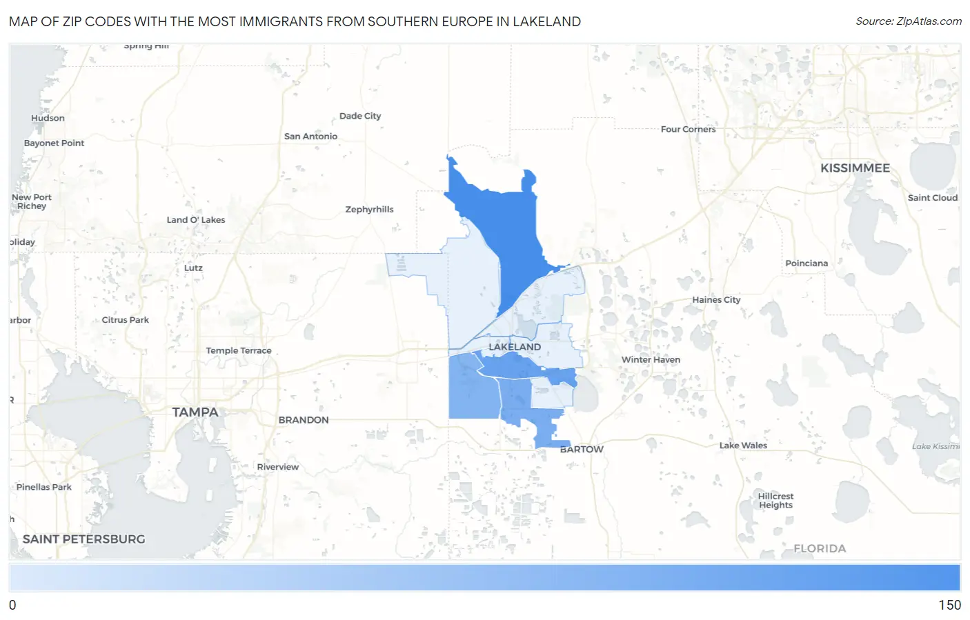 Zip Codes with the Most Immigrants from Southern Europe in Lakeland Map