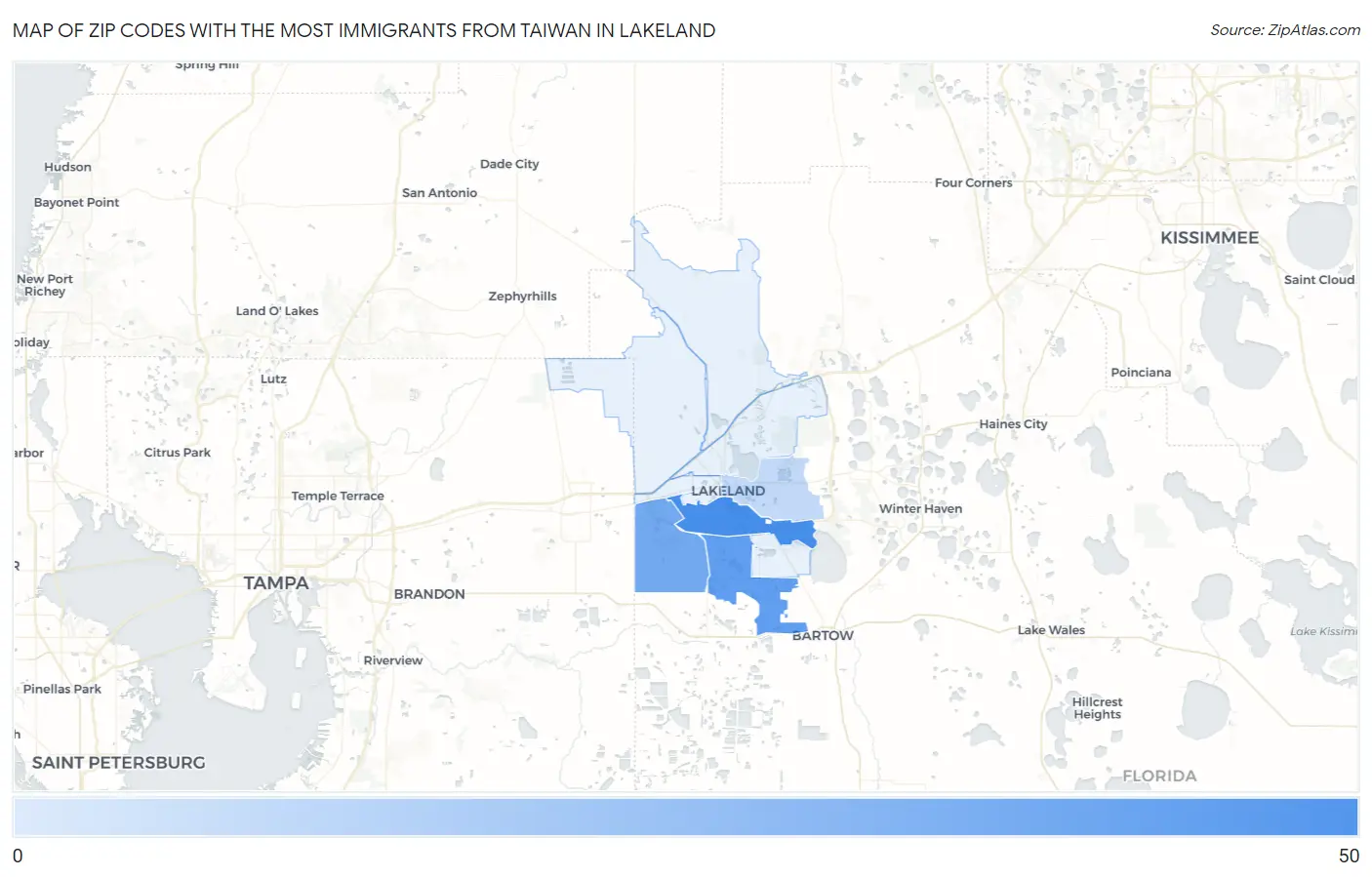 Zip Codes with the Most Immigrants from Taiwan in Lakeland Map