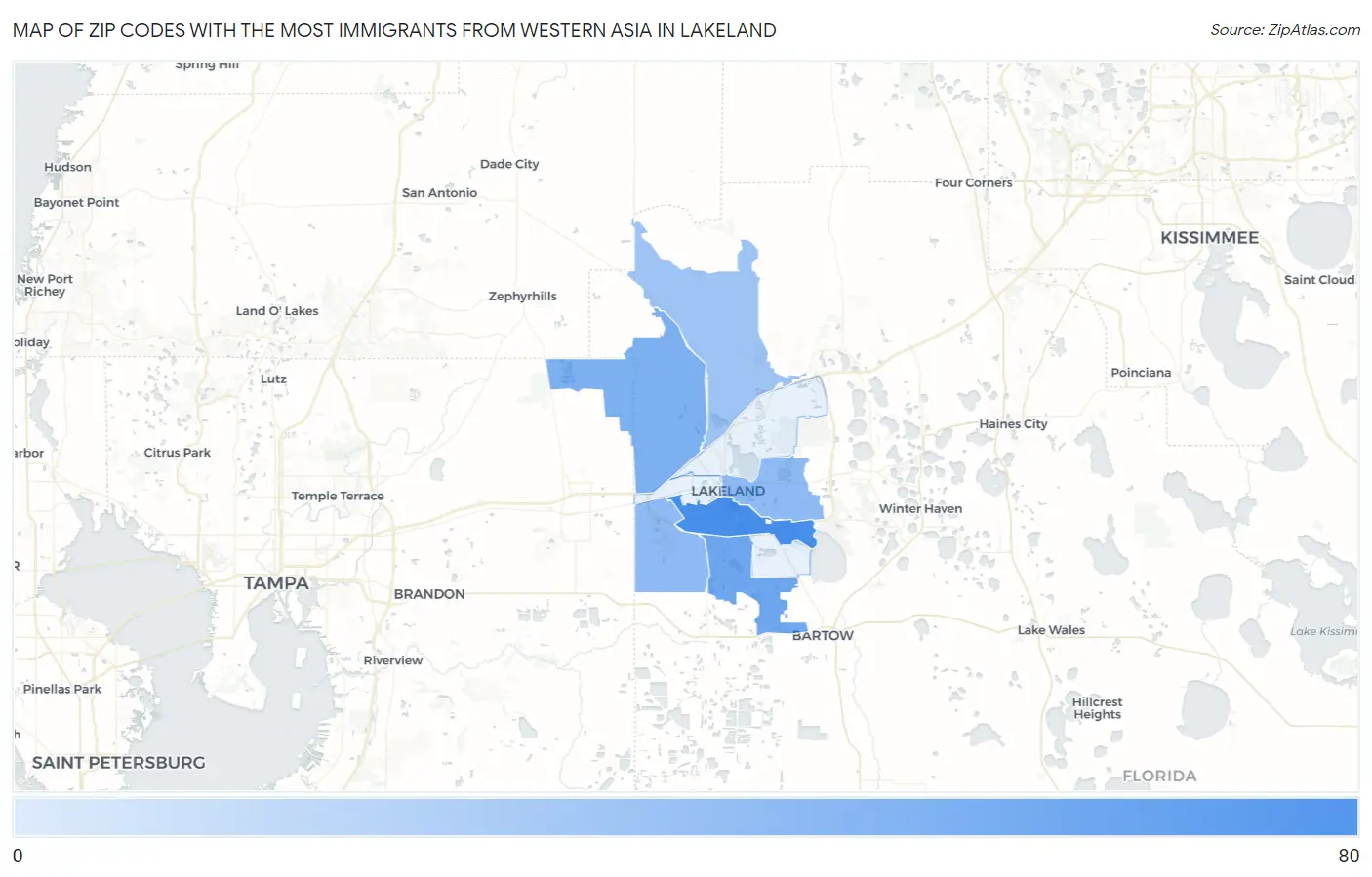 Zip Codes with the Most Immigrants from Western Asia in Lakeland Map