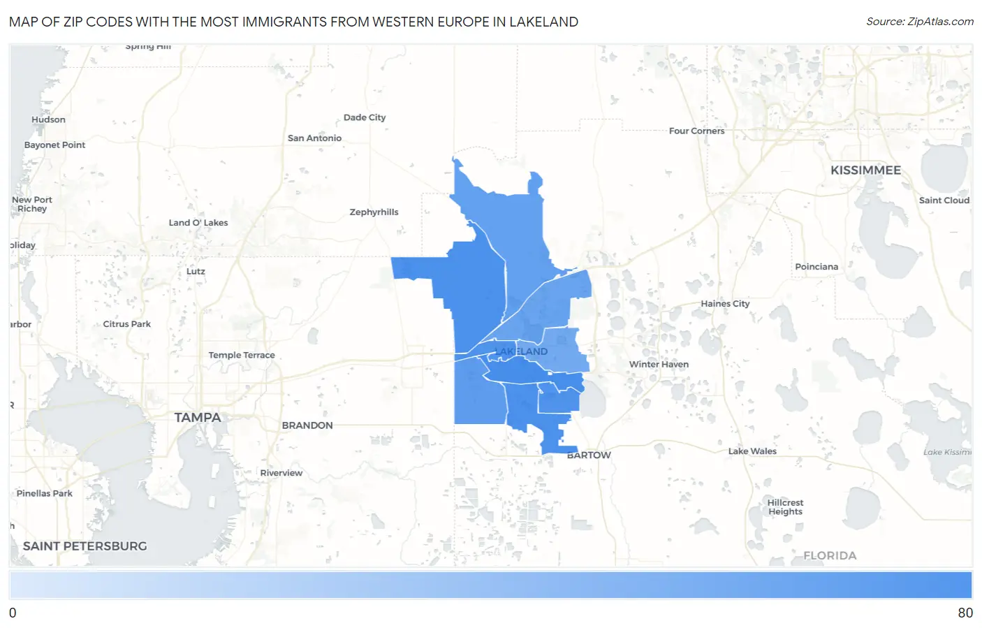 Zip Codes with the Most Immigrants from Western Europe in Lakeland Map