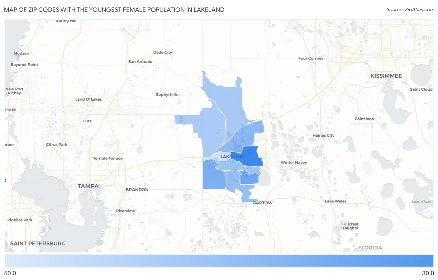 Zip Codes with the Youngest Female Population in Lakeland Map