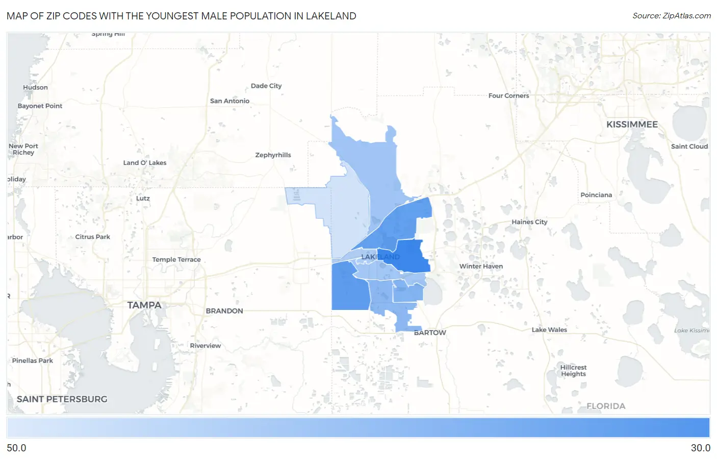 Zip Codes with the Youngest Male Population in Lakeland Map