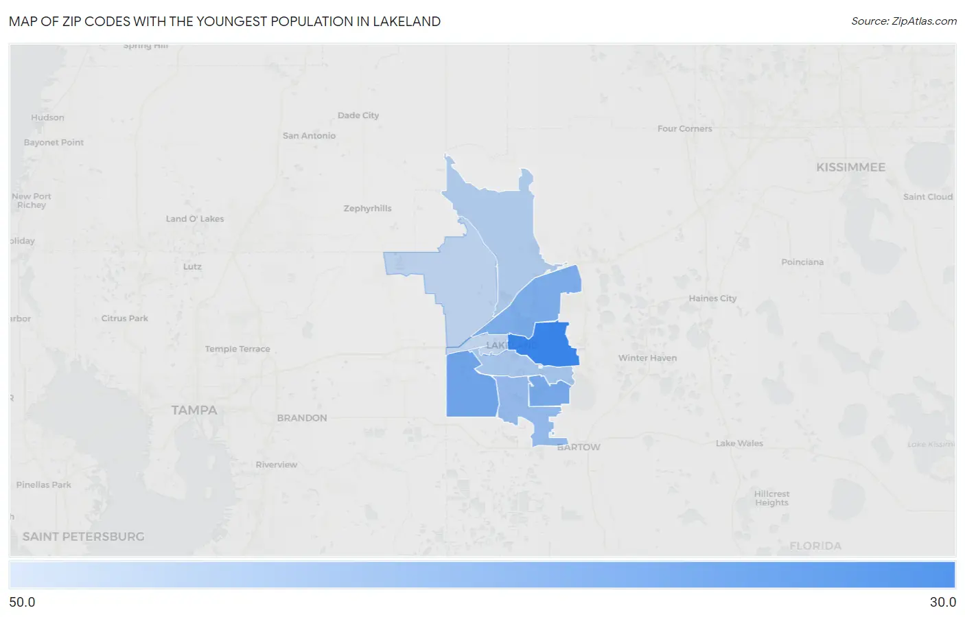 Zip Codes with the Youngest Population in Lakeland Map