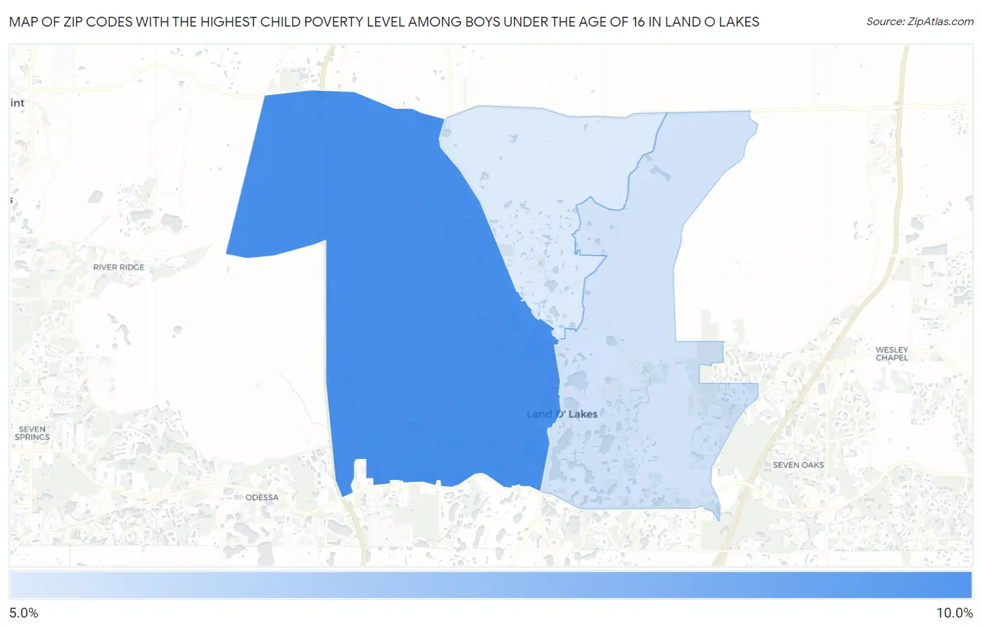 Zip Codes with the Highest Child Poverty Level Among Boys Under the Age of 16 in Land O Lakes Map