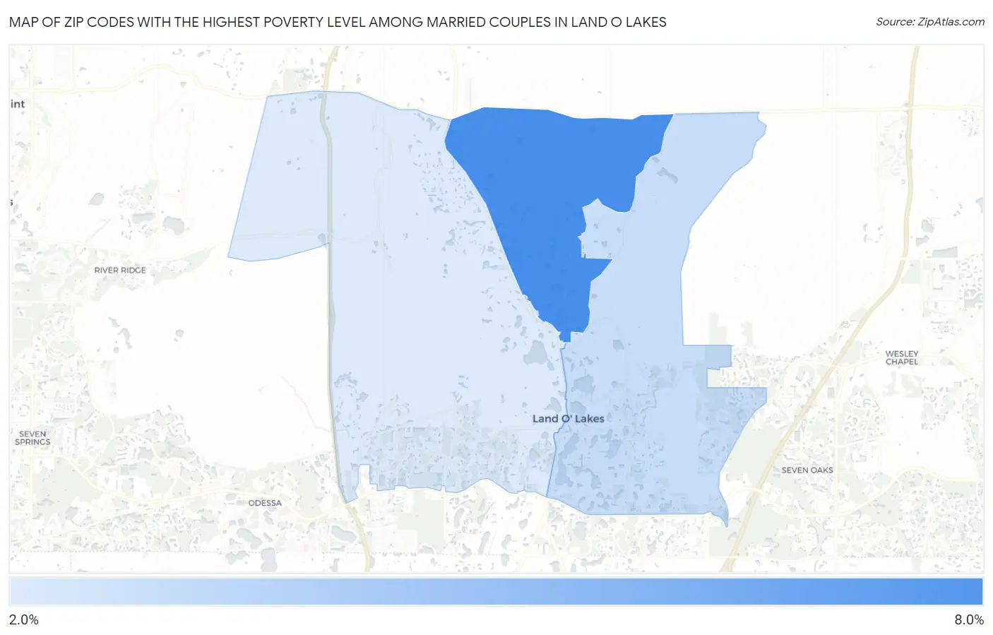 Zip Codes with the Highest Poverty Level Among Married Couples in Land O Lakes Map
