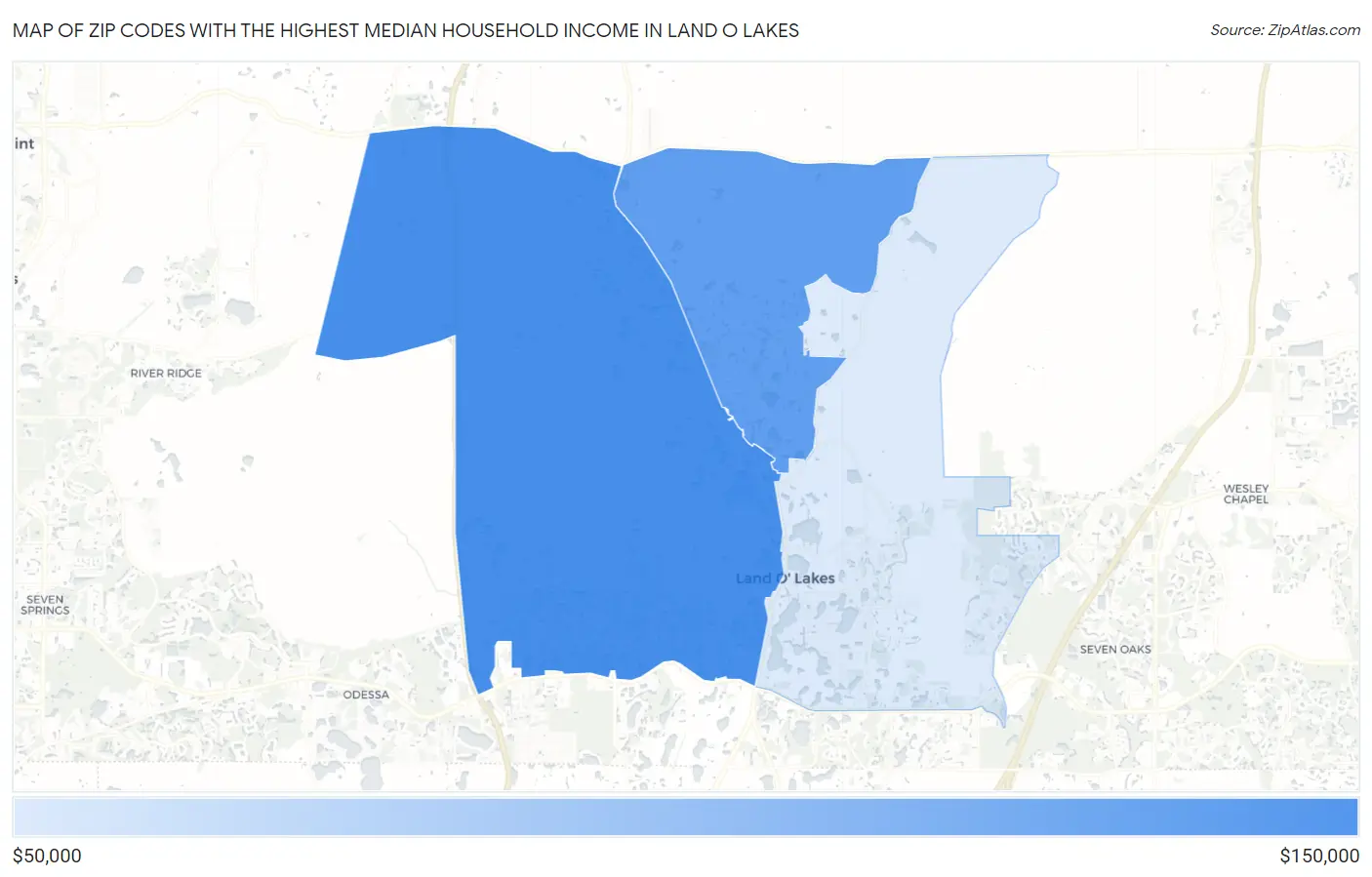 Zip Codes with the Highest Median Household Income in Land O Lakes Map