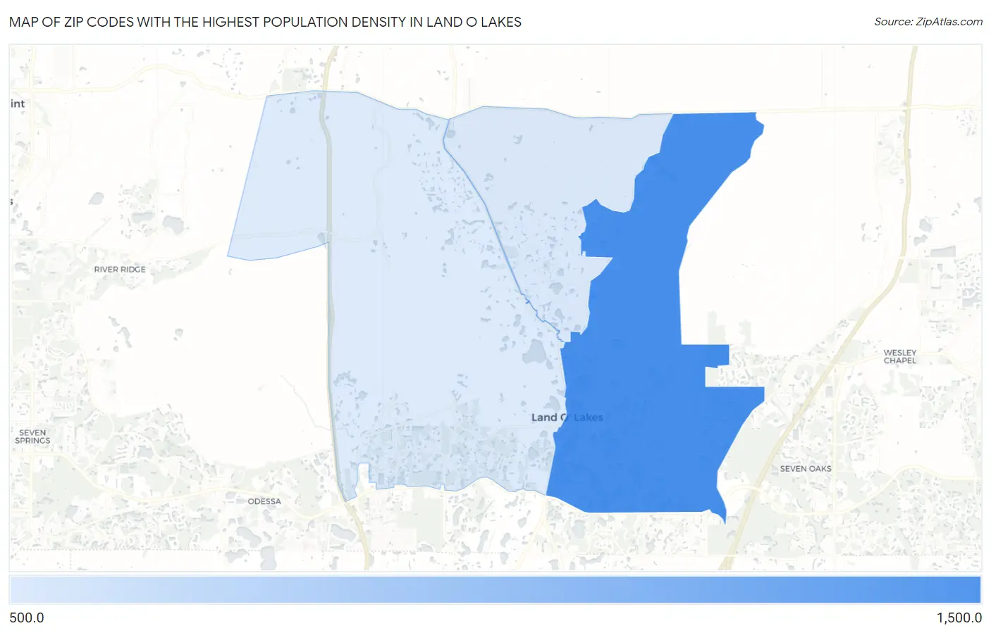 Zip Codes with the Highest Population Density in Land O Lakes Map