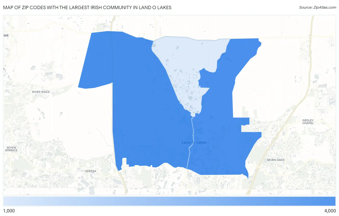 Zip Codes with the Largest Irish Community in Land O Lakes Map