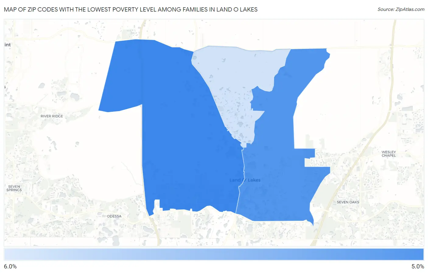 Zip Codes with the Lowest Poverty Level Among Families in Land O Lakes Map